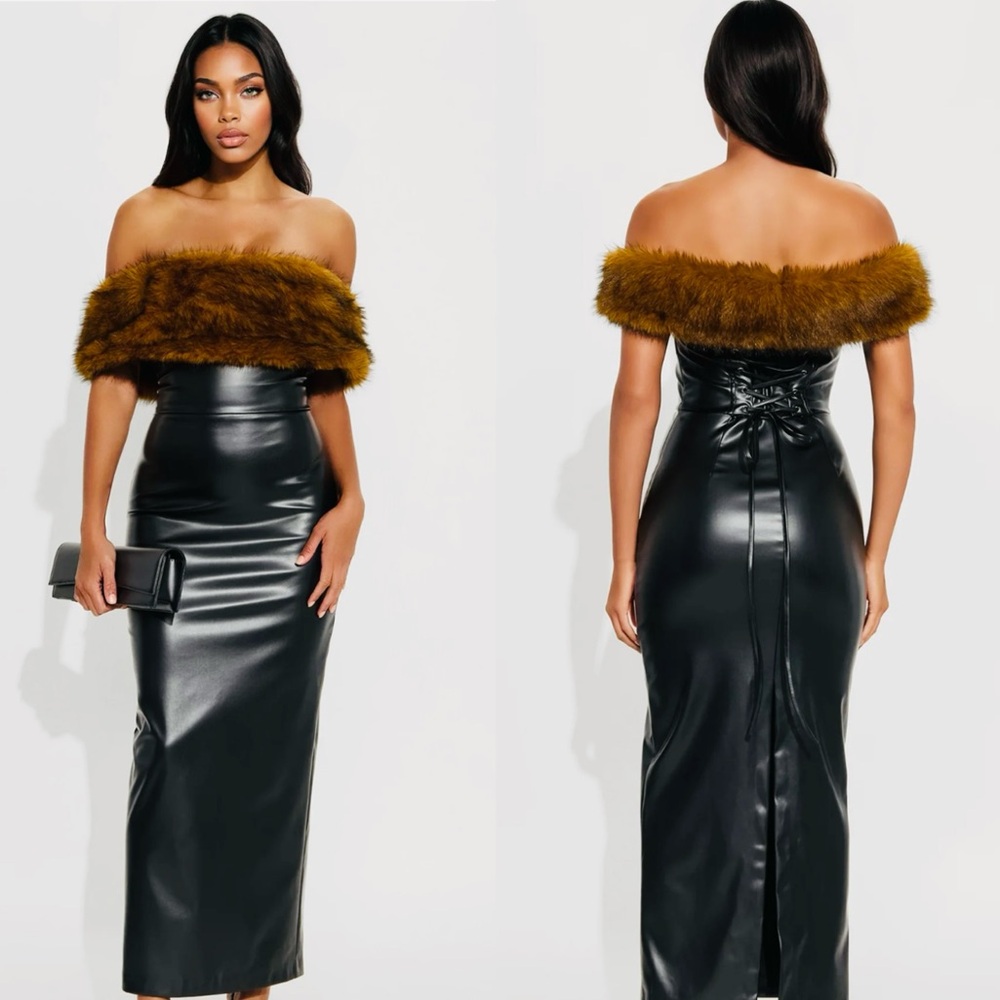 Sexy Black Faux Leather Dress with Brown Fur Trim